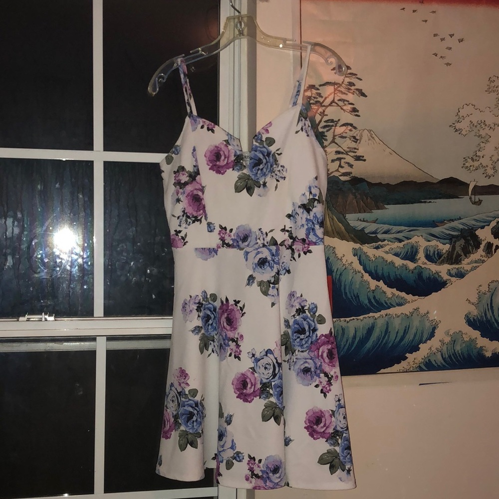 Short white dress with purple flowers